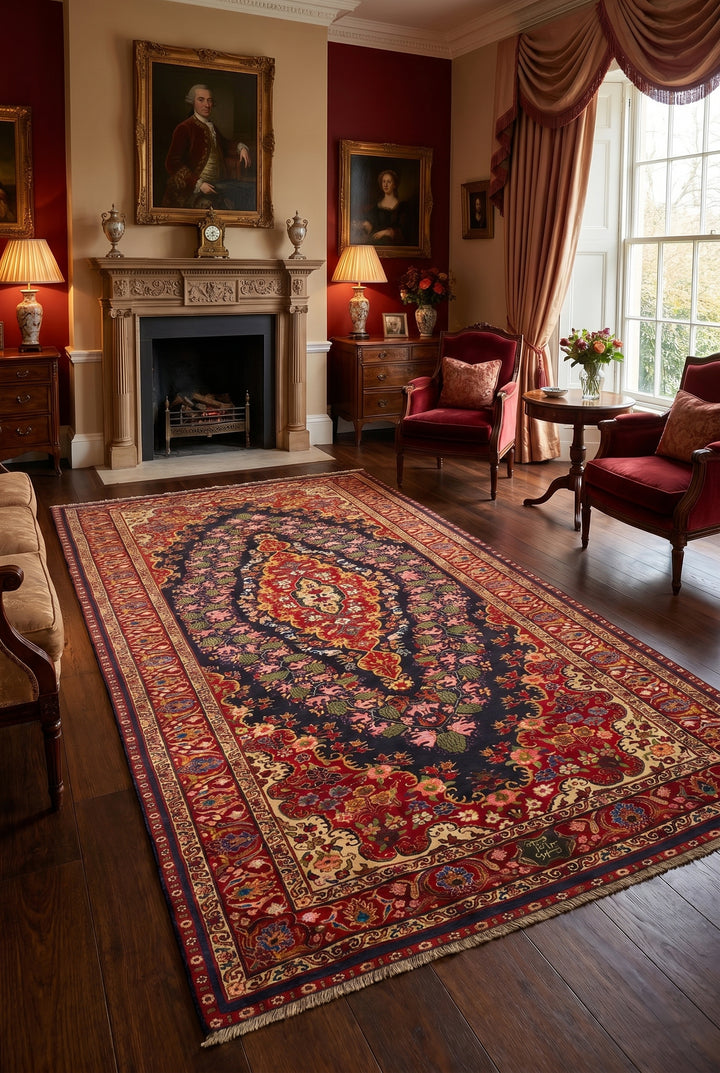 Navy &amp; Red Kashan Medallion Rug, Hand-Knotted Afghani Sherwan
