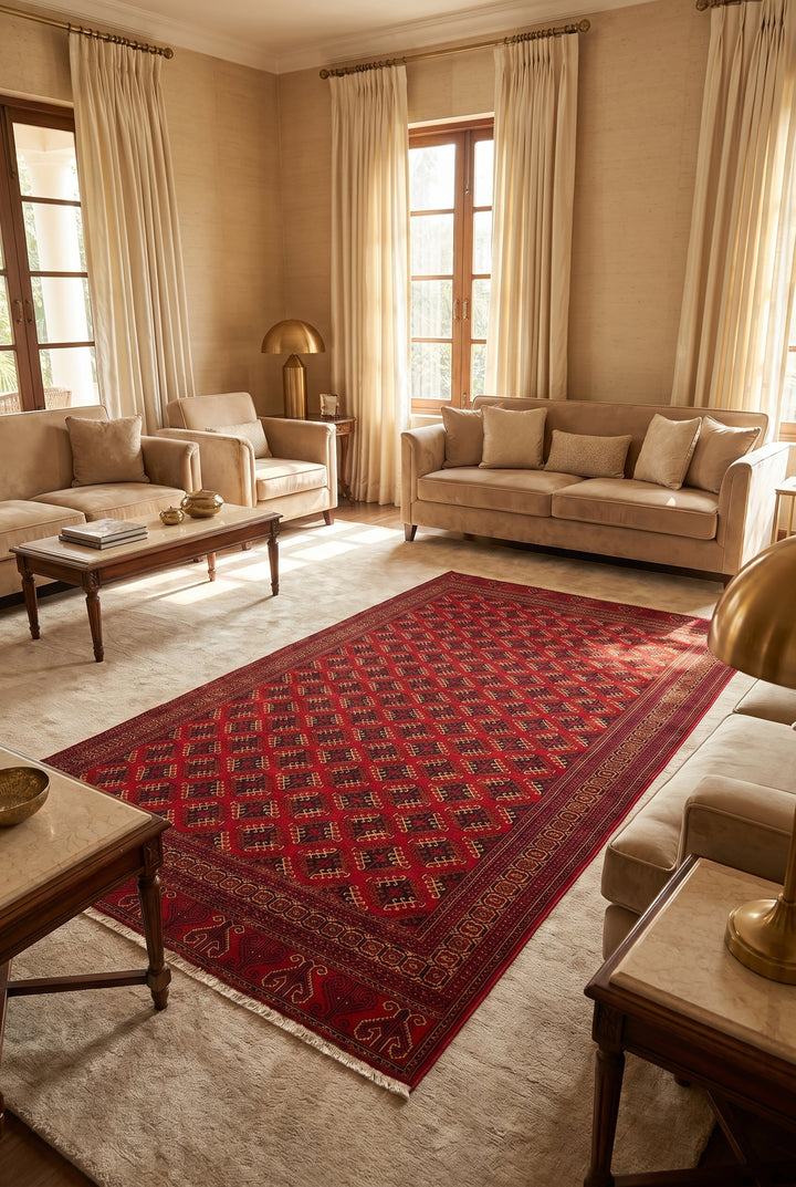 Red Saryk Turkmen Rug, Hand-Knotted Afghani Sherwan