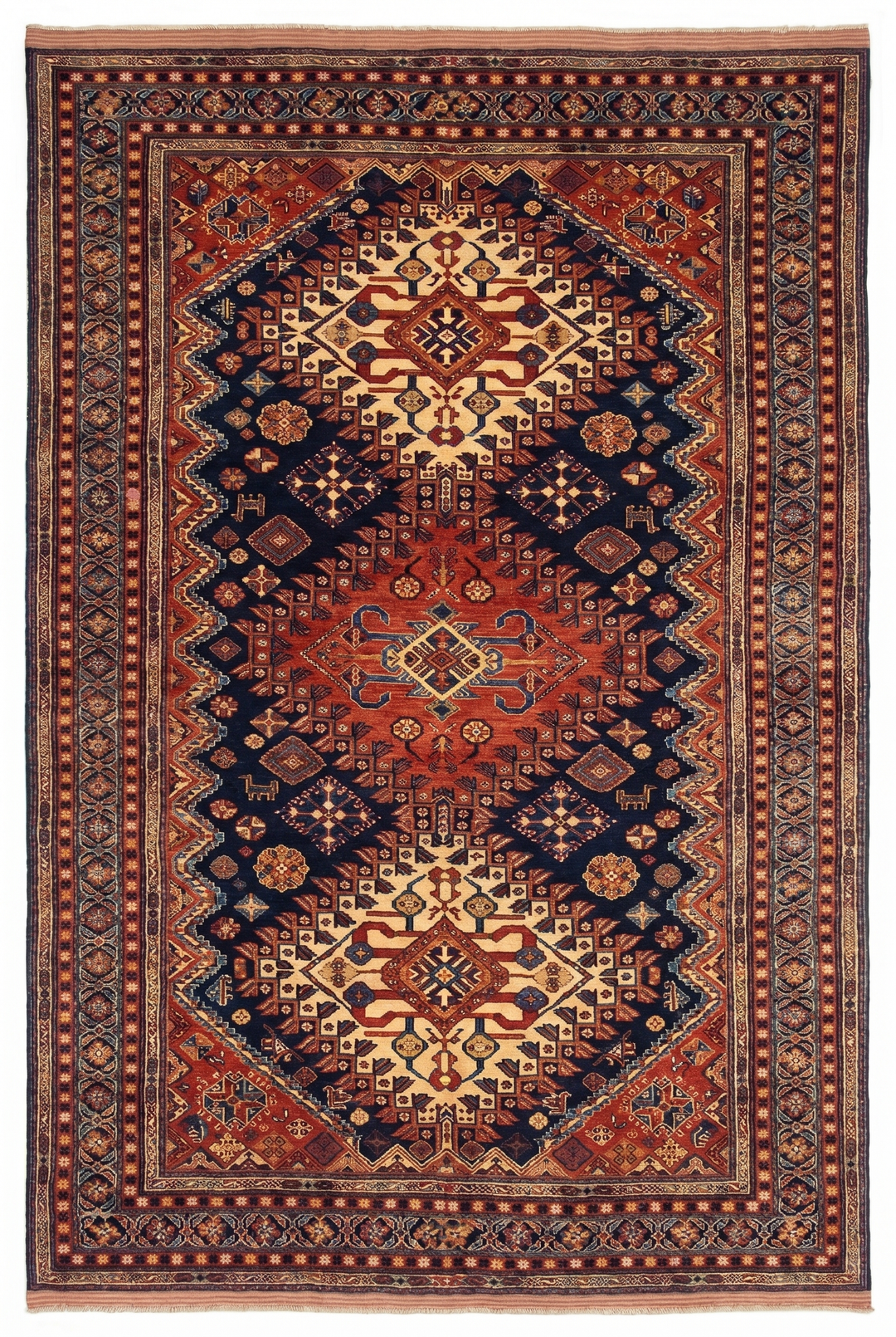 Navy &amp; Red Yalameh Tribal Rug, Hand-Knotted Afghani Sherwan