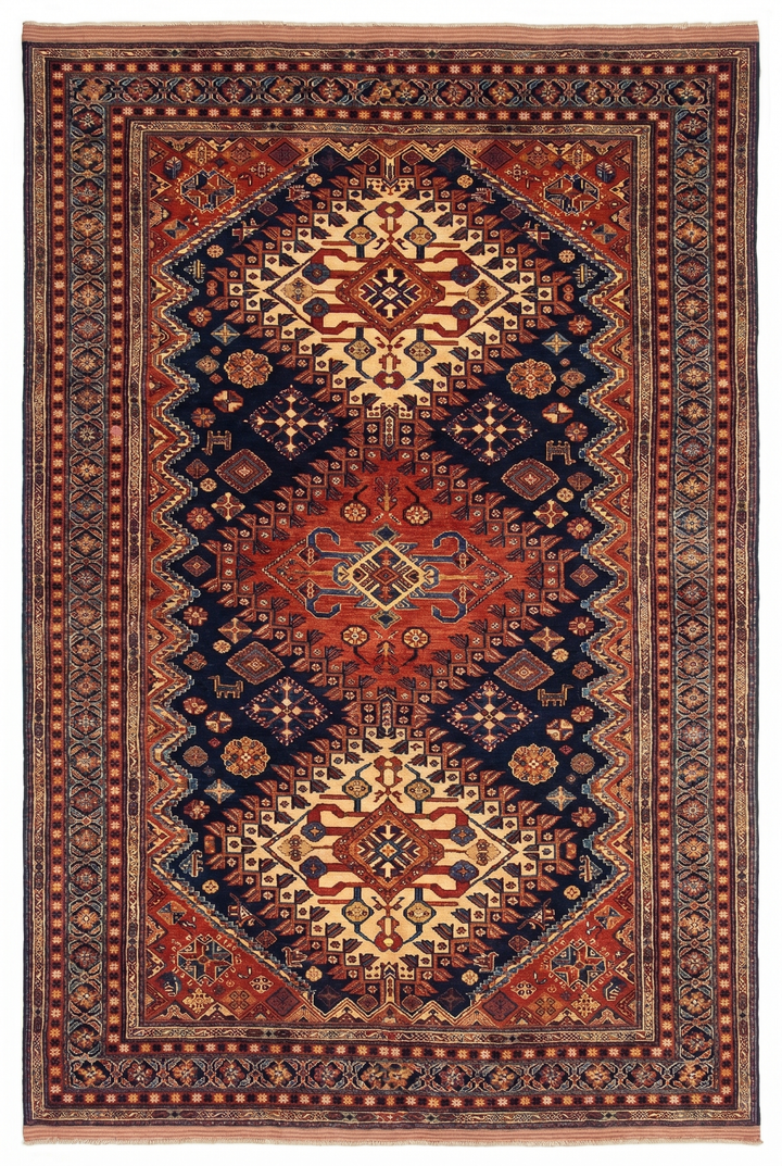 Navy &amp; Red Yalameh Tribal Rug, Hand-Knotted Afghani Sherwan