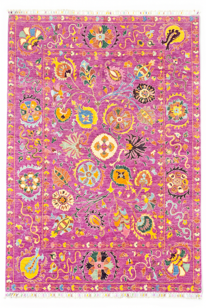 Magenta Floral Oushak Rug, Hand-Knotted Afghan Wool