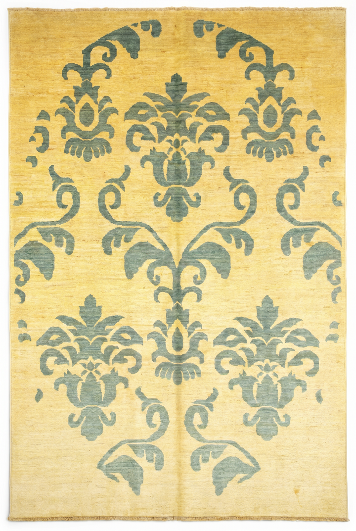 Ivory &amp; Sage Damask Gabbeh, Hand-Knotted Afghan Wool Rug