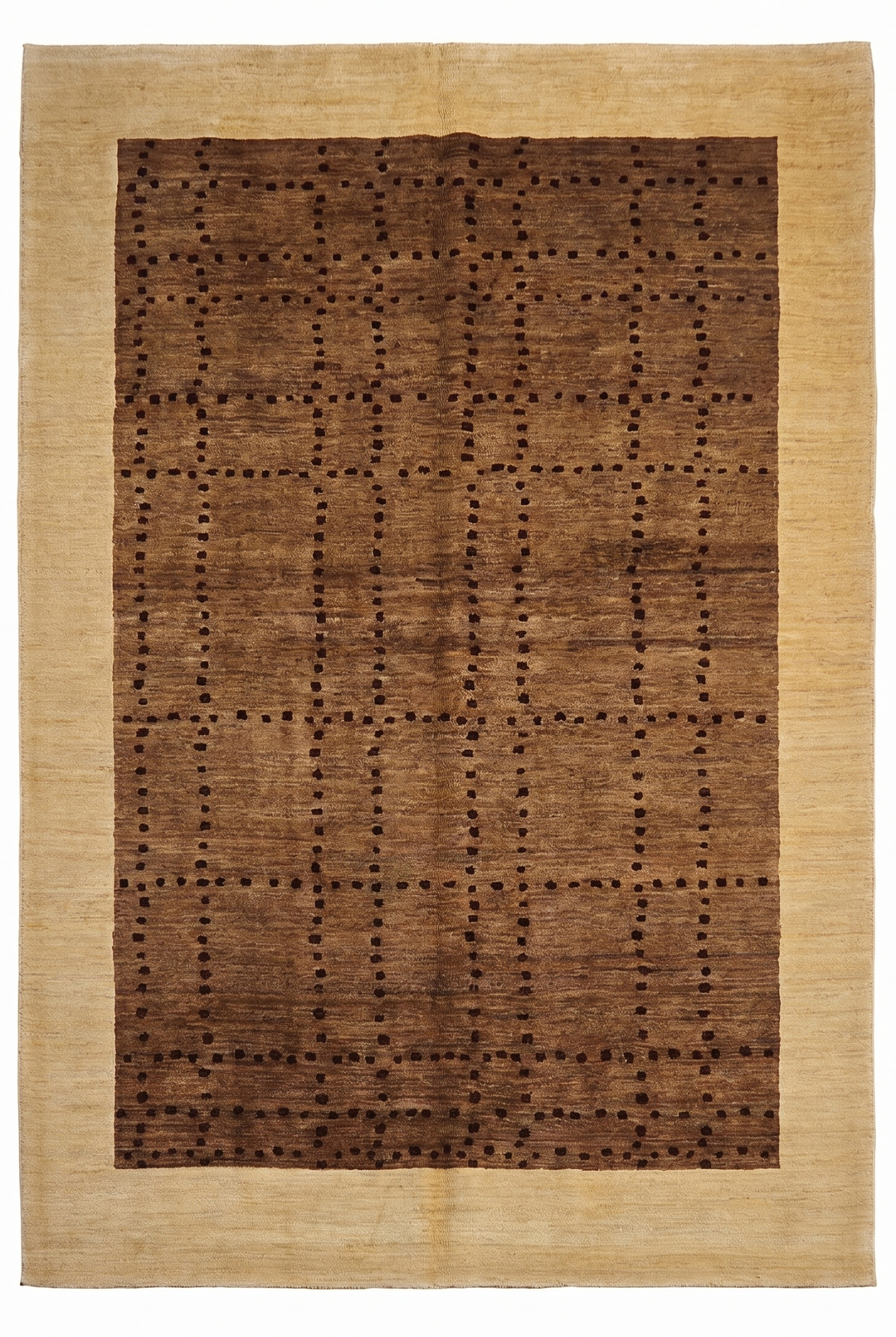 Brown &amp; Cream Dot-Grid Gabbeh, Hand-Knotted Afghan Wool Rug