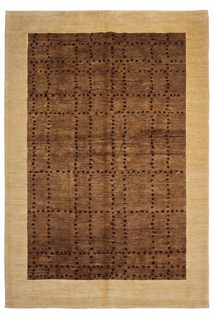 Brown &amp; Cream Dot-Grid Gabbeh, Hand-Knotted Afghan Wool Rug