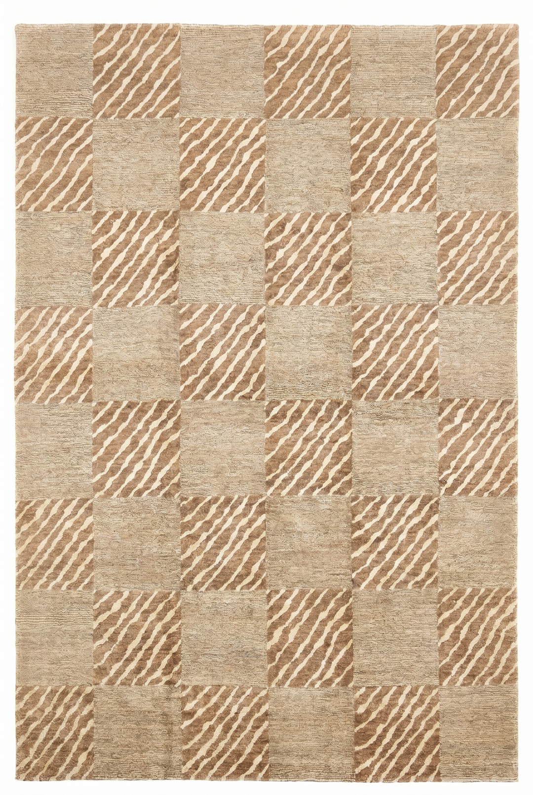 Beige &amp; Ivory Checkerboard Gabbeh, Hand-Knotted Afghan Wool Rug