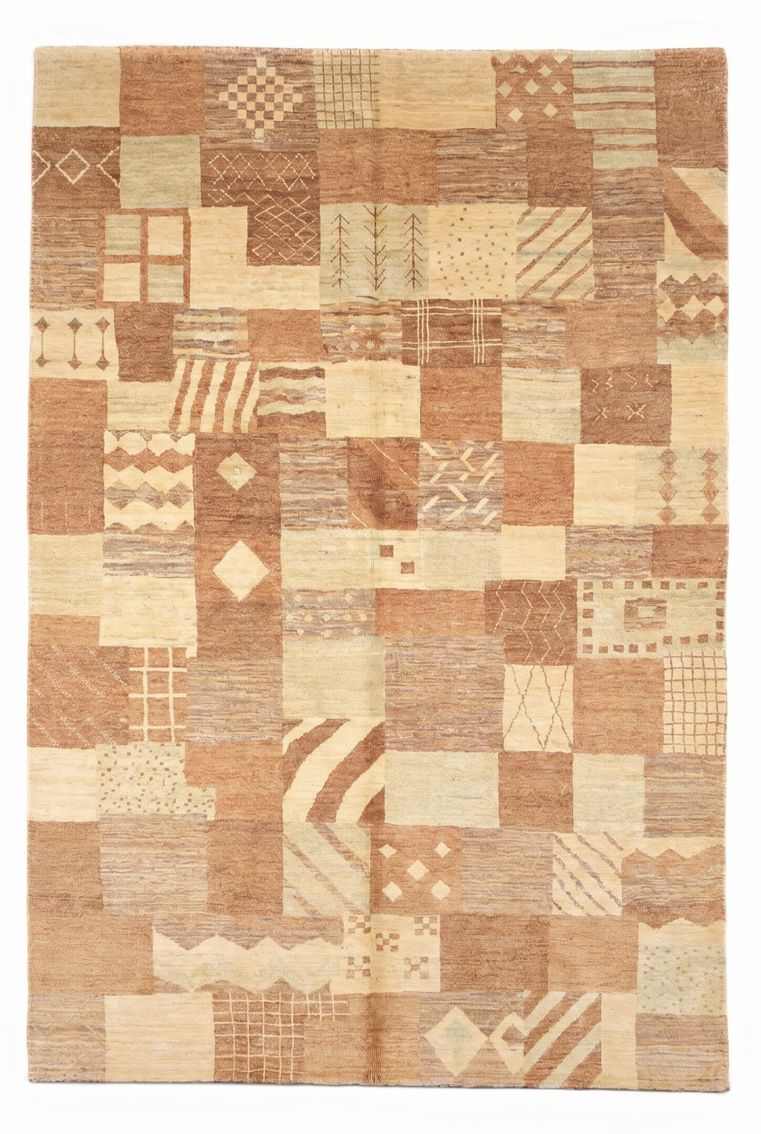 Earth-Tone Patchwork Gabbeh, Hand-Knotted Afghan Wool Rug