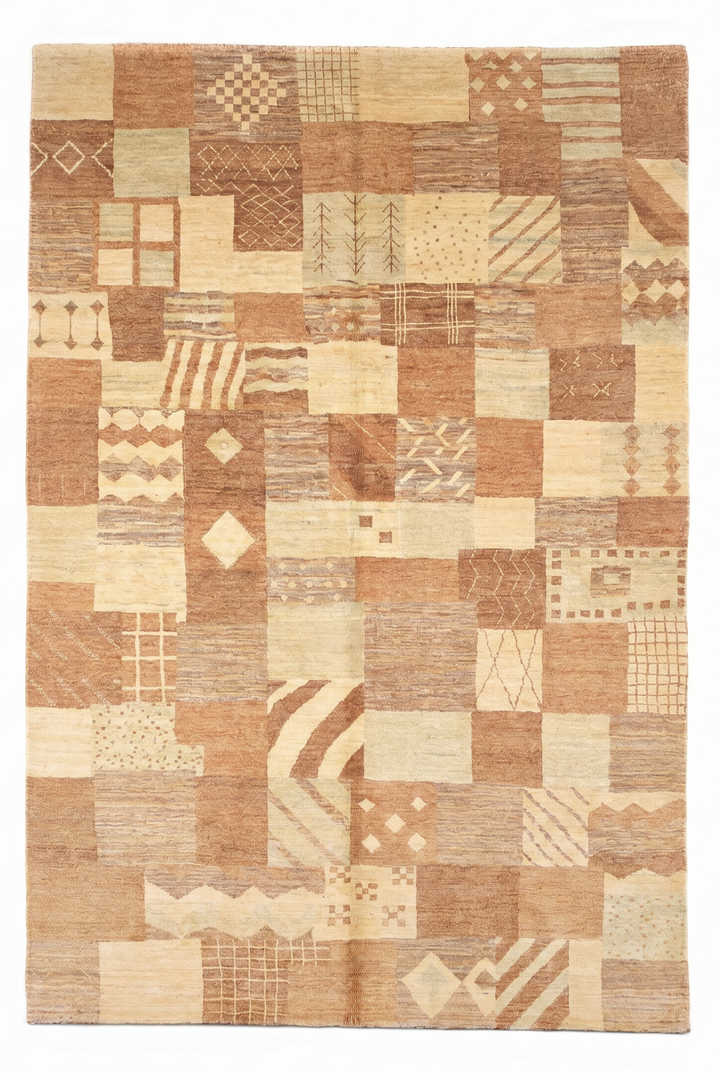 Earth-Tone Patchwork Gabbeh, Hand-Knotted Afghan Wool Rug