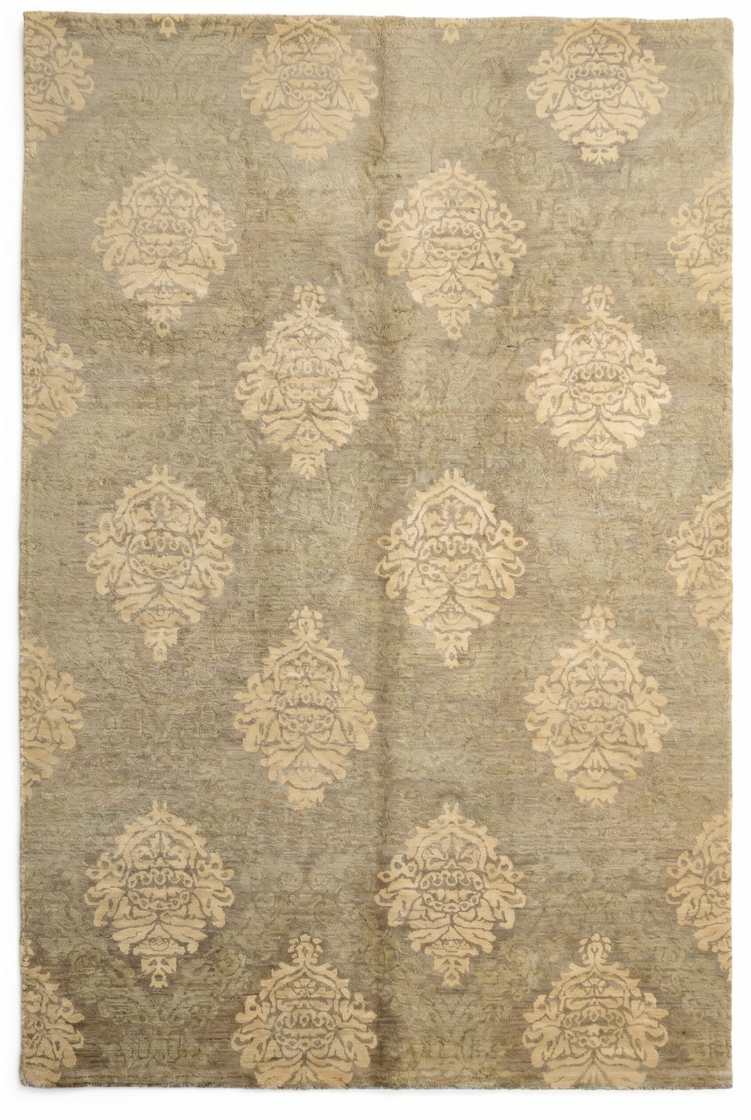 Sage &amp; Cream Damask Gabbeh, Hand-Knotted Afghan Wool Rug