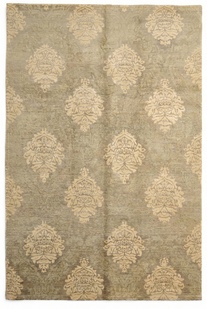 Sage &amp; Cream Damask Gabbeh, Hand-Knotted Afghan Wool Rug