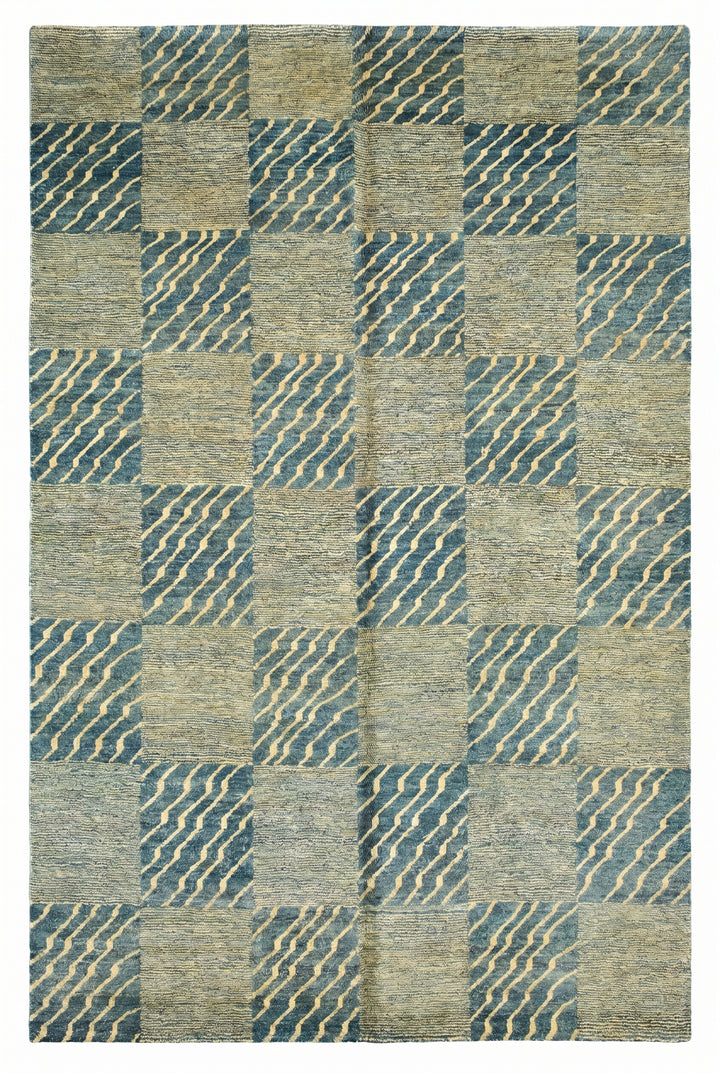 Blue &amp; Cream Checkerboard Gabbeh, Hand-Knotted Afghan Wool Rug