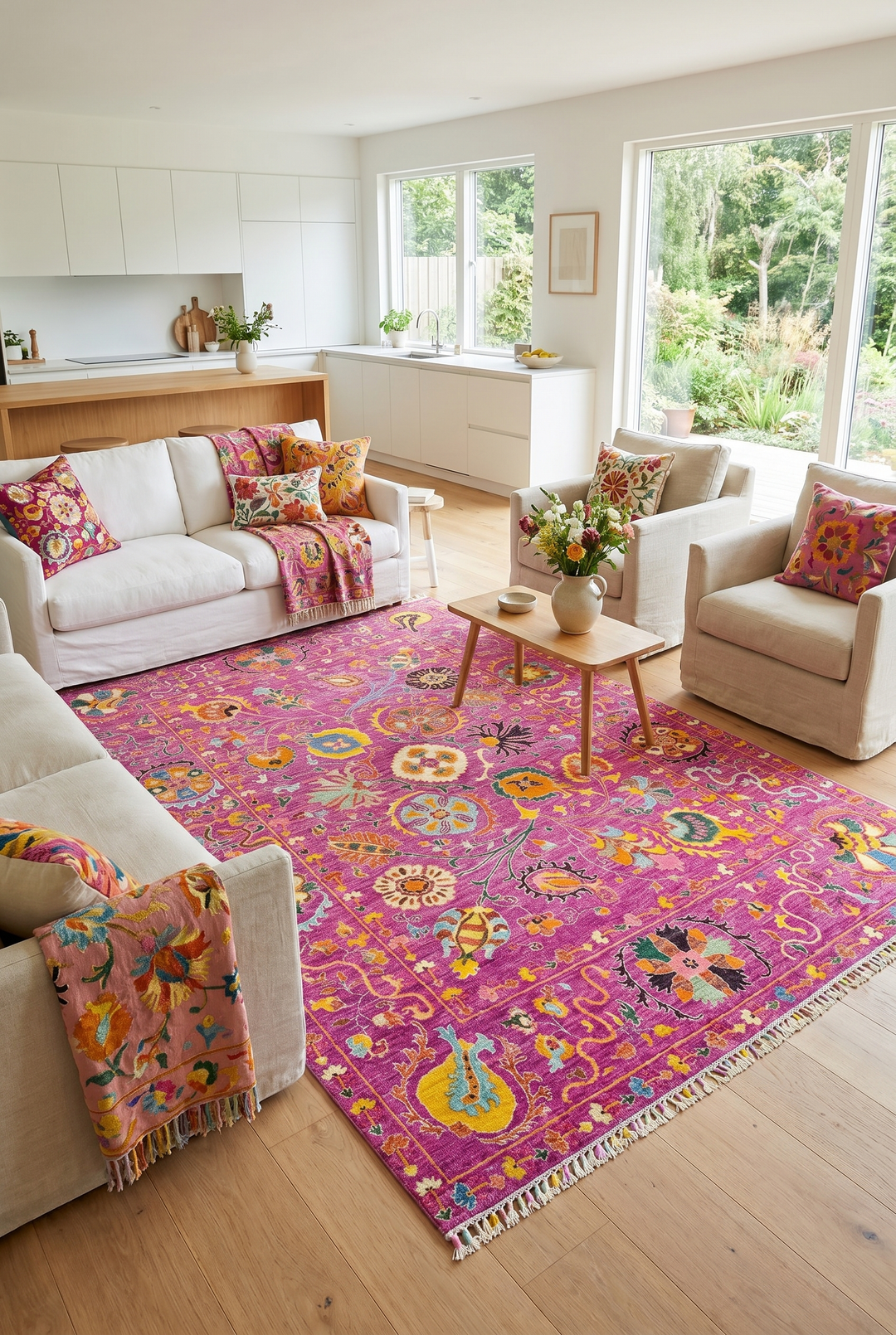 Magenta Floral Oushak Rug, Hand-Knotted Afghan Wool