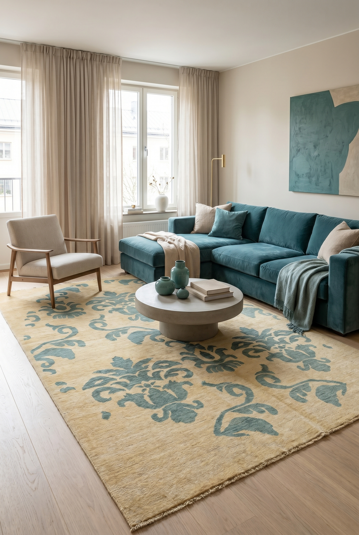 Ivory &amp; Sage Damask Gabbeh, Hand-Knotted Afghan Wool Rug
