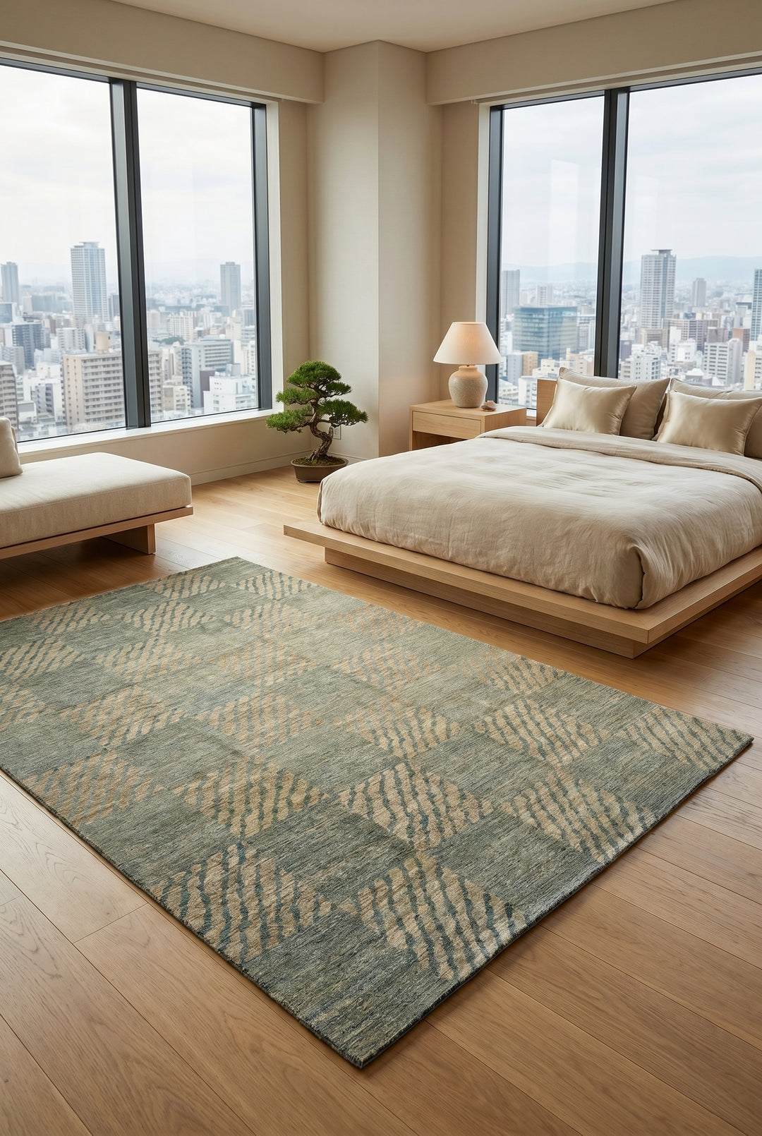Sage Green Checkerboard Gabbeh, Hand-Knotted Afghan Wool Rug
