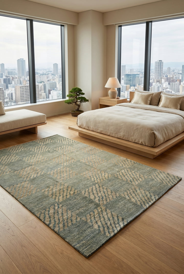 Sage Green Checkerboard Gabbeh, Hand-Knotted Afghan Wool Rug