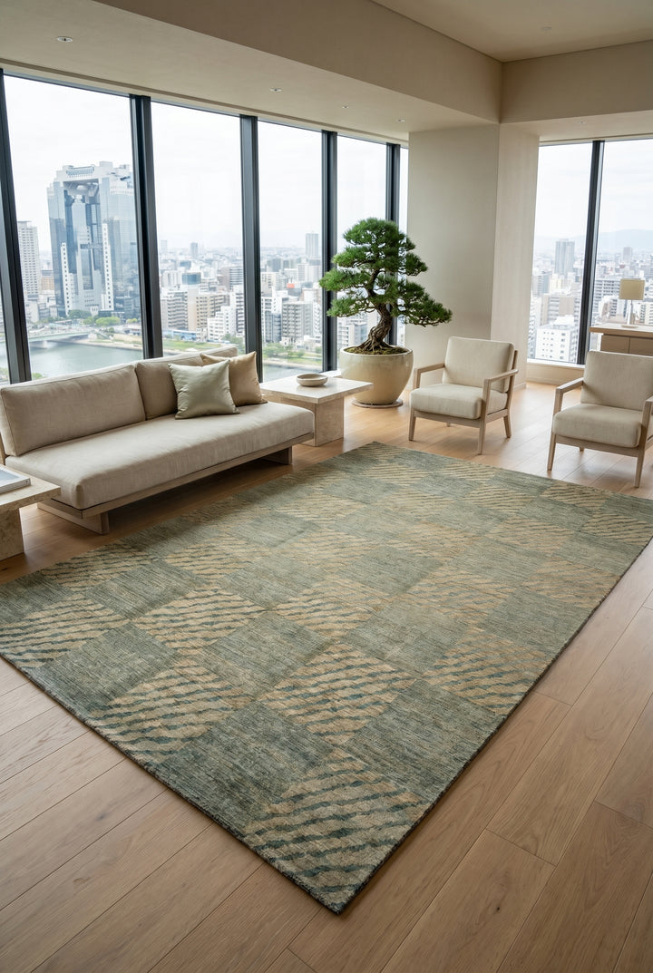Sage Green Checkerboard Gabbeh, Hand-Knotted Afghan Wool Rug