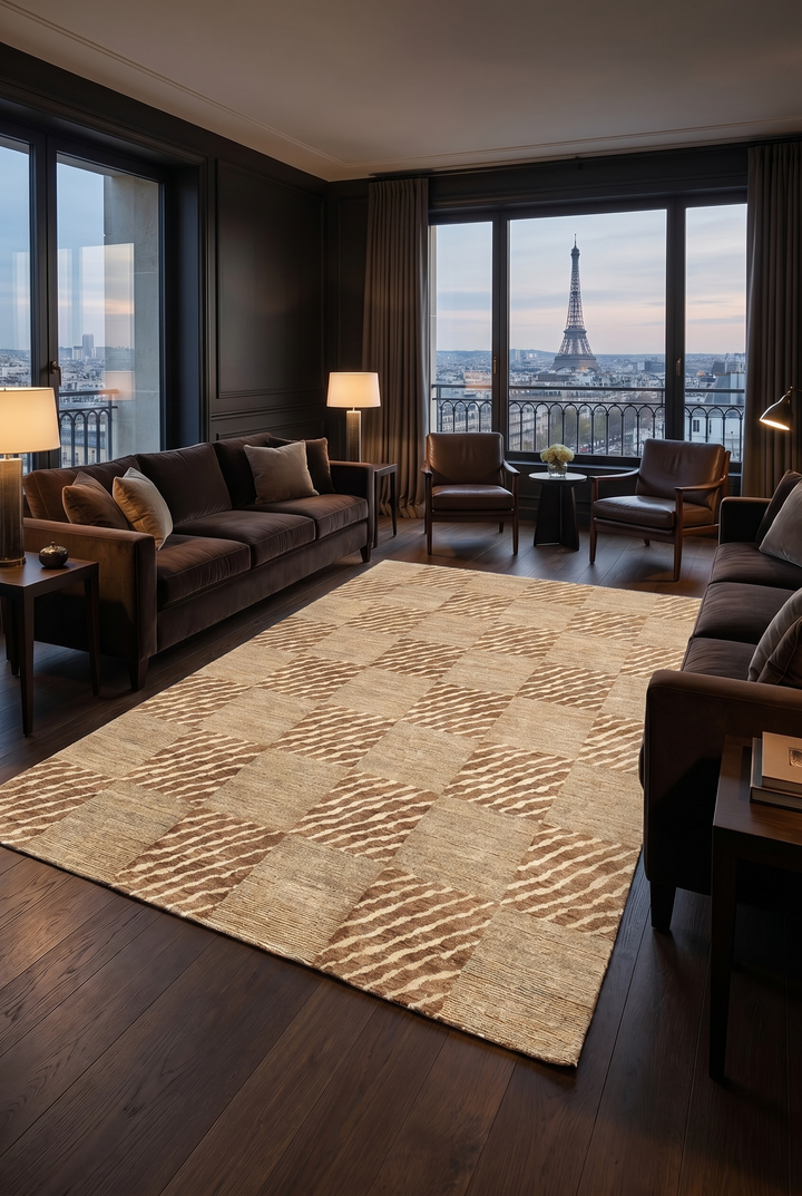Beige &amp; Ivory Checkerboard Gabbeh, Hand-Knotted Afghan Wool Rug