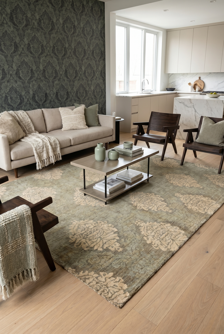 Sage &amp; Cream Damask Gabbeh, Hand-Knotted Afghan Wool Rug