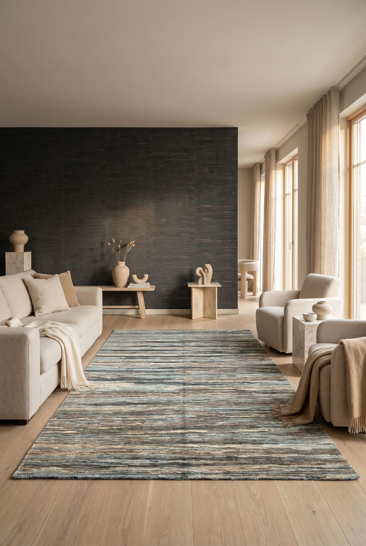 Variegated Teal &amp; Brown Stripe Gabbeh, Hand-Knotted Afghan Wool Rug