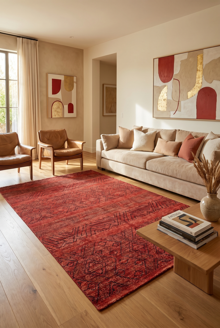 Red Tribal Geometric Gabbeh, Hand-Knotted Afghan Wool Rug