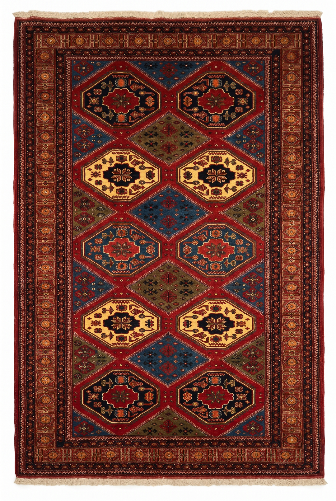 Multicolour Panel Pakistani Jaldar, Hand-Knotted Wool Rug