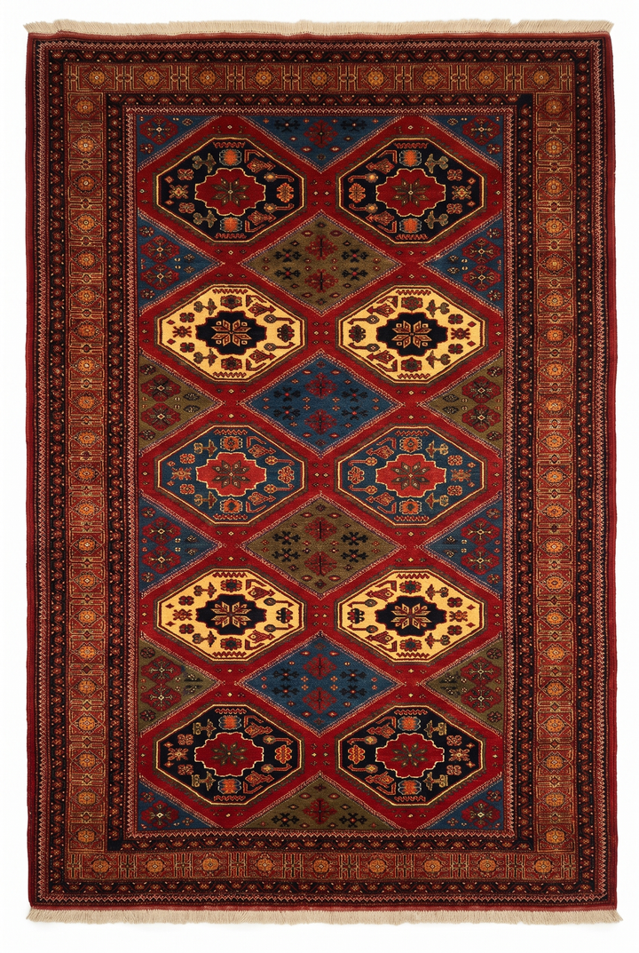 Multicolour Panel Pakistani Jaldar, Hand-Knotted Wool Rug