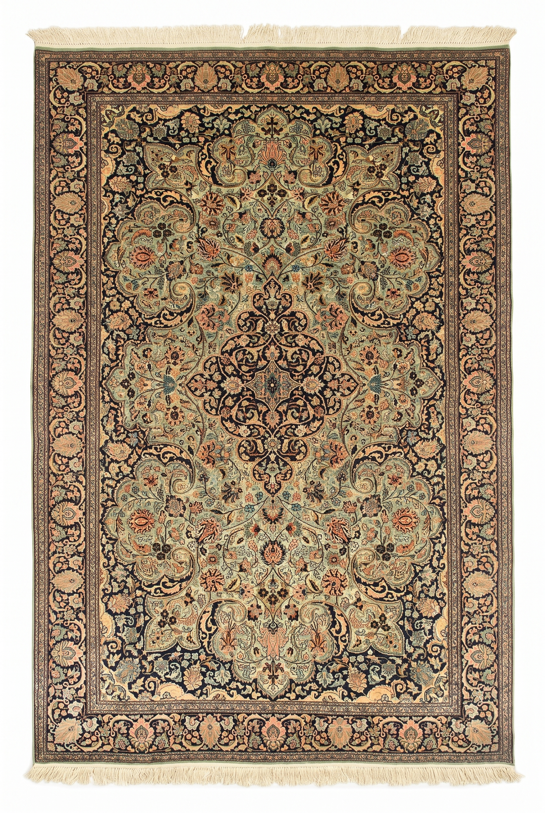 Brown Kashmiri Silk Rug, Hand-Knotted