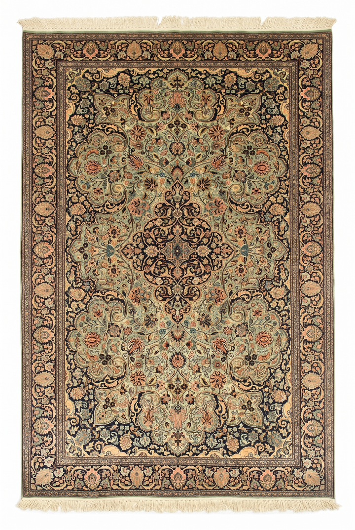 Brown Kashmiri Silk Rug, Hand-Knotted