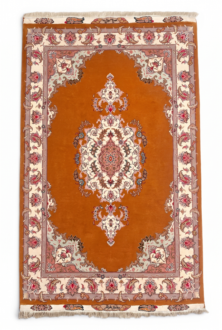 Gold Pakistani Jaldar Accent Rug, Hand-Knotted Wool