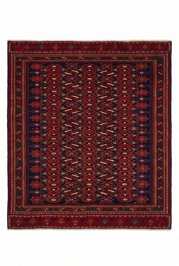 Red Diamond Pakistani Jaldar, Hand-Knotted Wool Rug