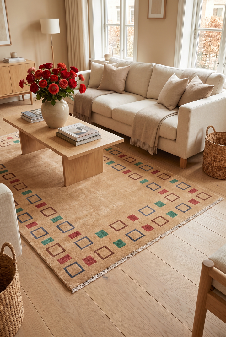 Camel Geometric Border Gabbeh, Hand-Knotted Afghan Wool Rug