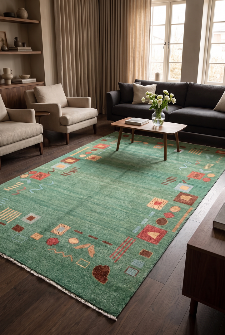 Sea-Green Tribal Motif Gabbeh, Hand-Knotted Afghan Wool Rug