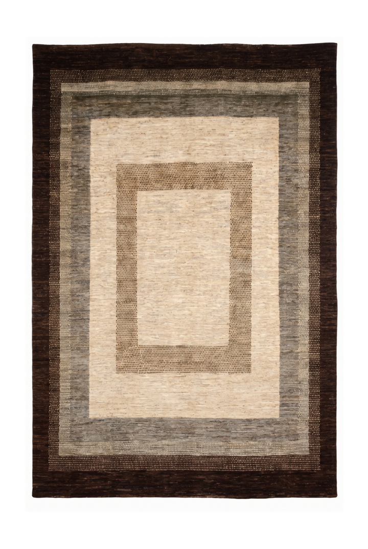 Cream &amp; Brown Graduated Border Ghazni, Hand-Knotted Afghan Wool Rug