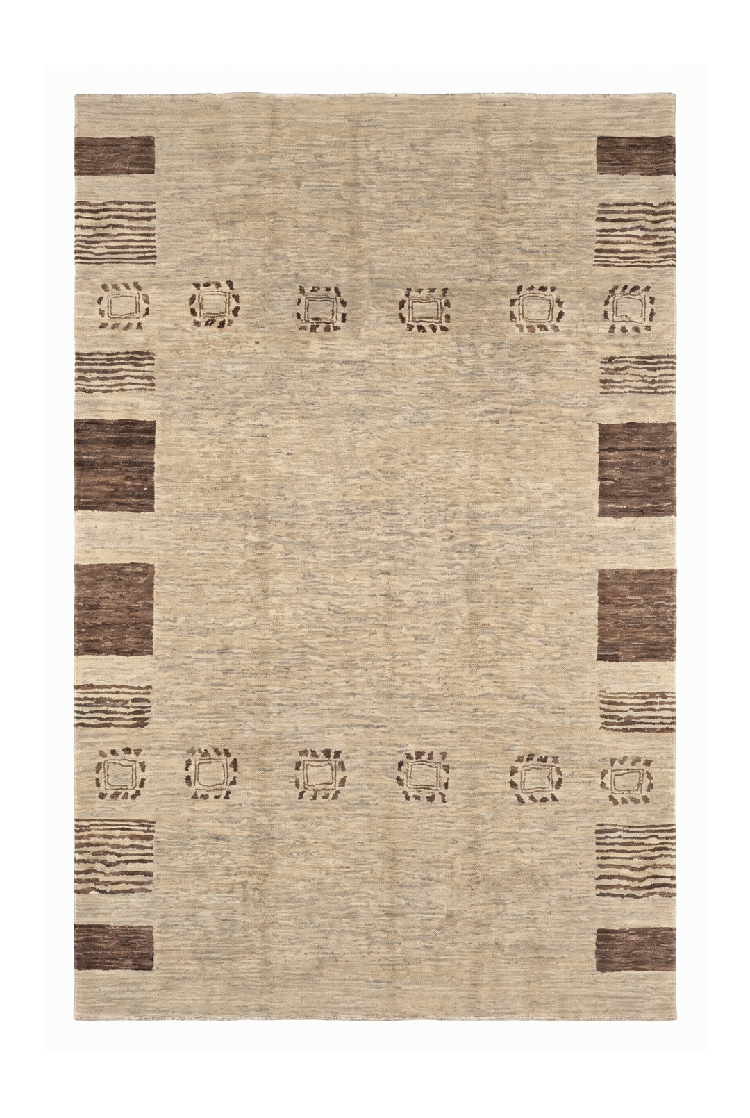 Natural Beige Tribal-Border Ghazni, Hand-Knotted Afghan Wool Rug