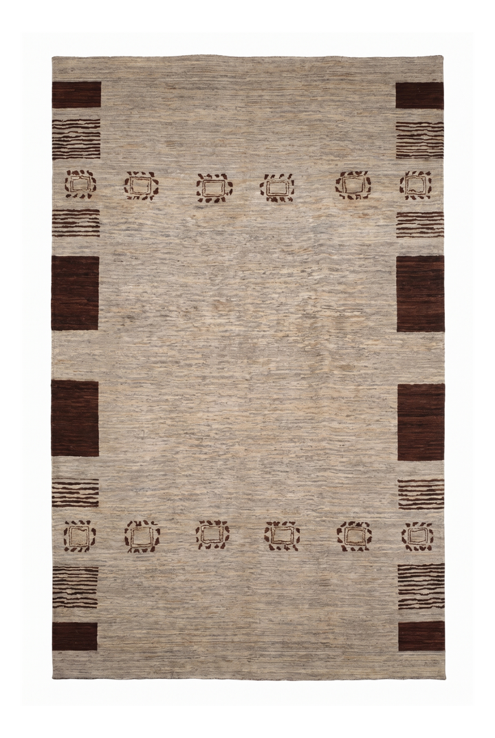Greige Tribal-Border Ghazni, Hand-Knotted Afghan Wool Rug