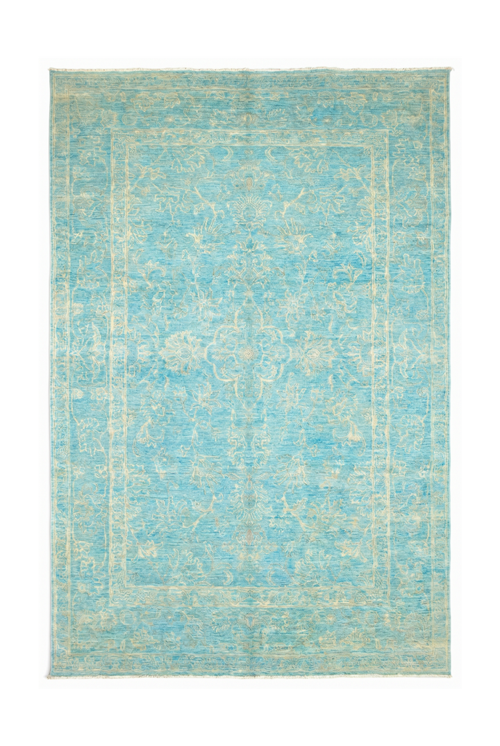 Turquoise Floral Ghazni, Hand-Knotted Afghan Wool &amp; Silk Rug