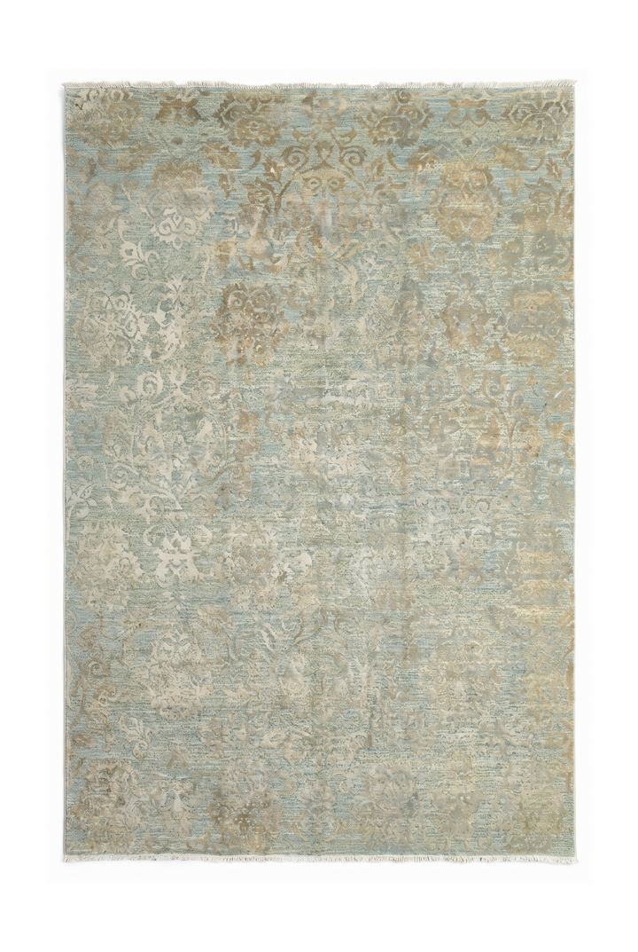 Sage Green Floral Ghazni, Hand-Knotted Afghan Wool &amp; Silk Rug