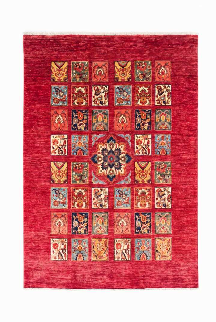 Red Garden-Panel Ghazni, Hand-Knotted Afghan Wool Rug
