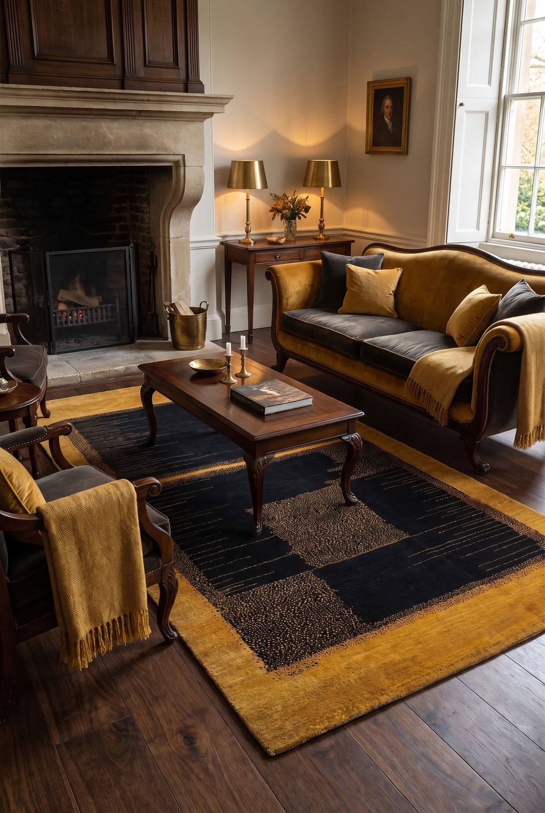 Gold &amp; Black Abstract Ghazni, Hand-Knotted Afghan Wool Rug