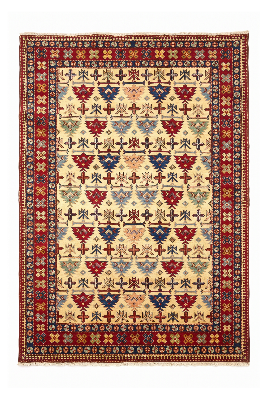 Ivory Caucasian Tribal Rug, Hand-Knotted Afghani Sherwan