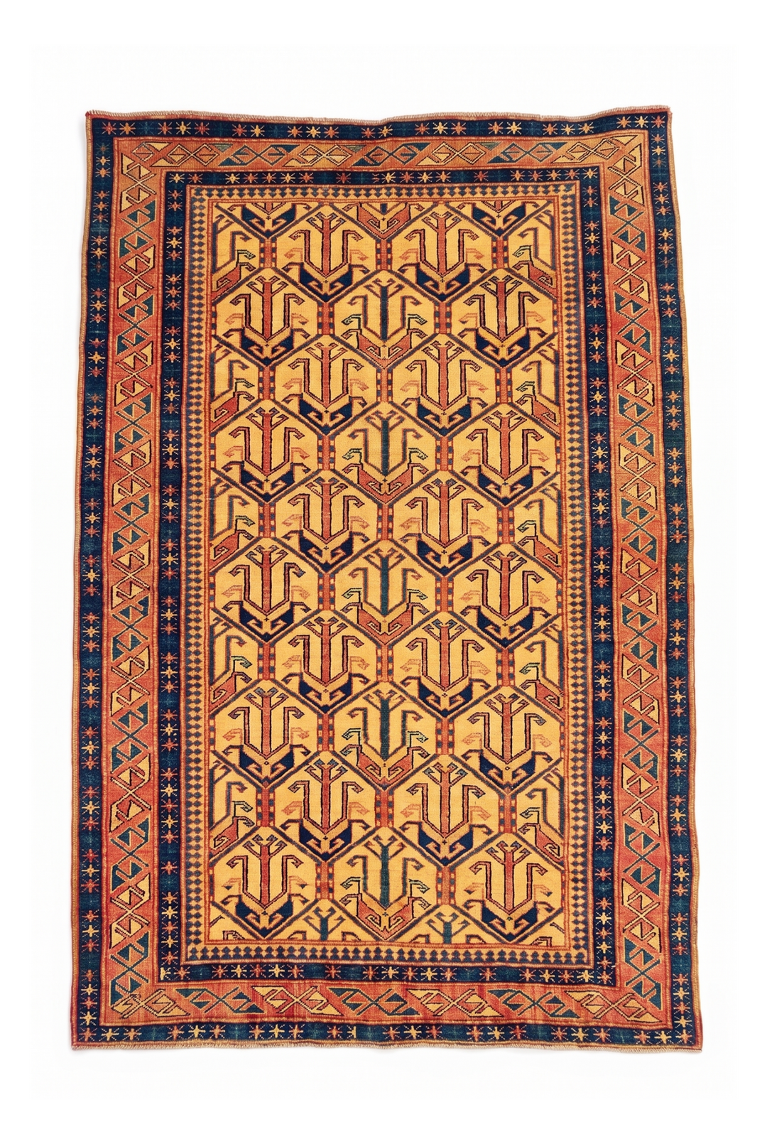 Gold &amp; Navy Caucasian Rug, Hand-Knotted Afghani Sherwan