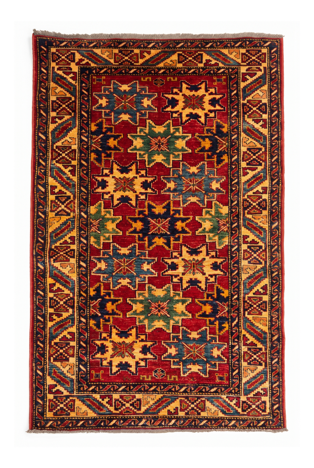 Red Lesghi Star Kazak Rug, Hand-Knotted Afghan Wool