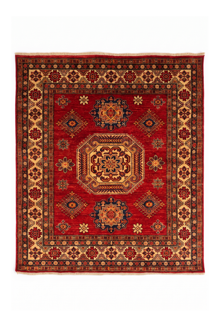 Red Medallion Kazak Rug, Hand-Knotted Afghan Wool