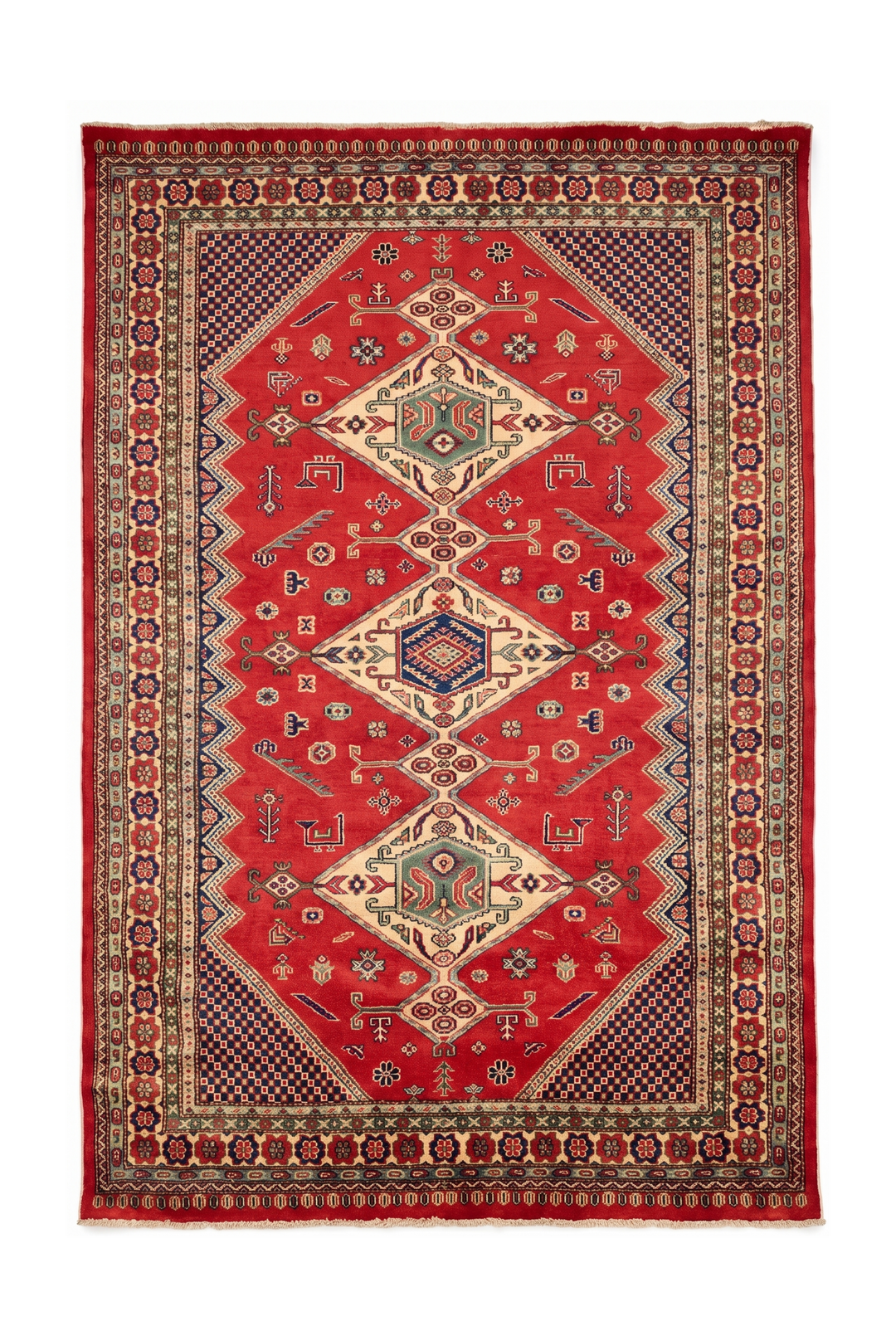 Red &amp; Navy Caucasian Medallion Rug, Hand-Knotted Afghani Sherwan