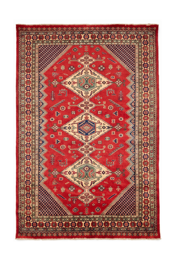 Red &amp; Navy Caucasian Medallion Rug, Hand-Knotted Afghani Sherwan