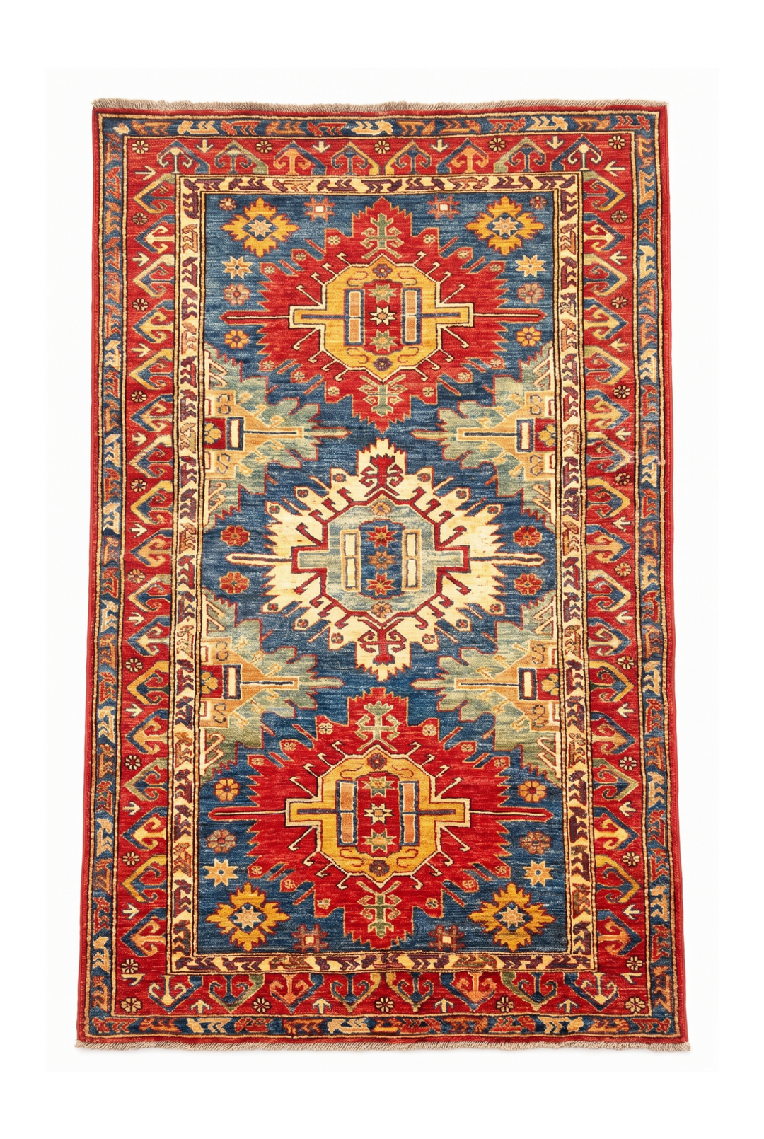 Blue &amp; Red Medallion Kazak Rug, Hand-Knotted Afghan Wool