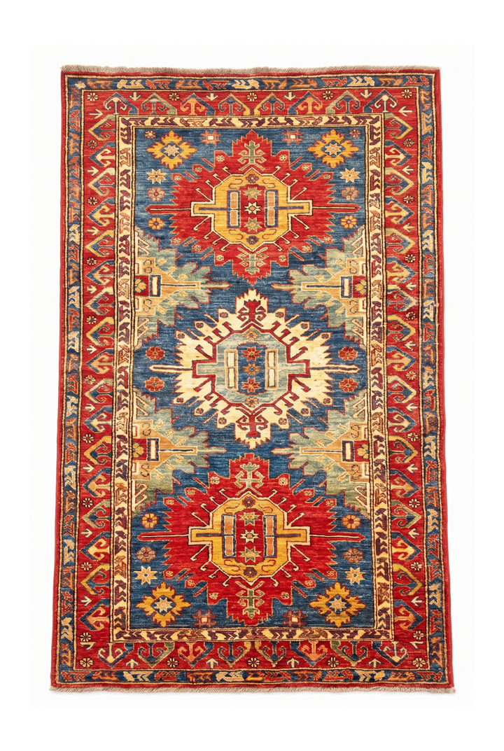Blue &amp; Red Medallion Kazak Rug, Hand-Knotted Afghan Wool