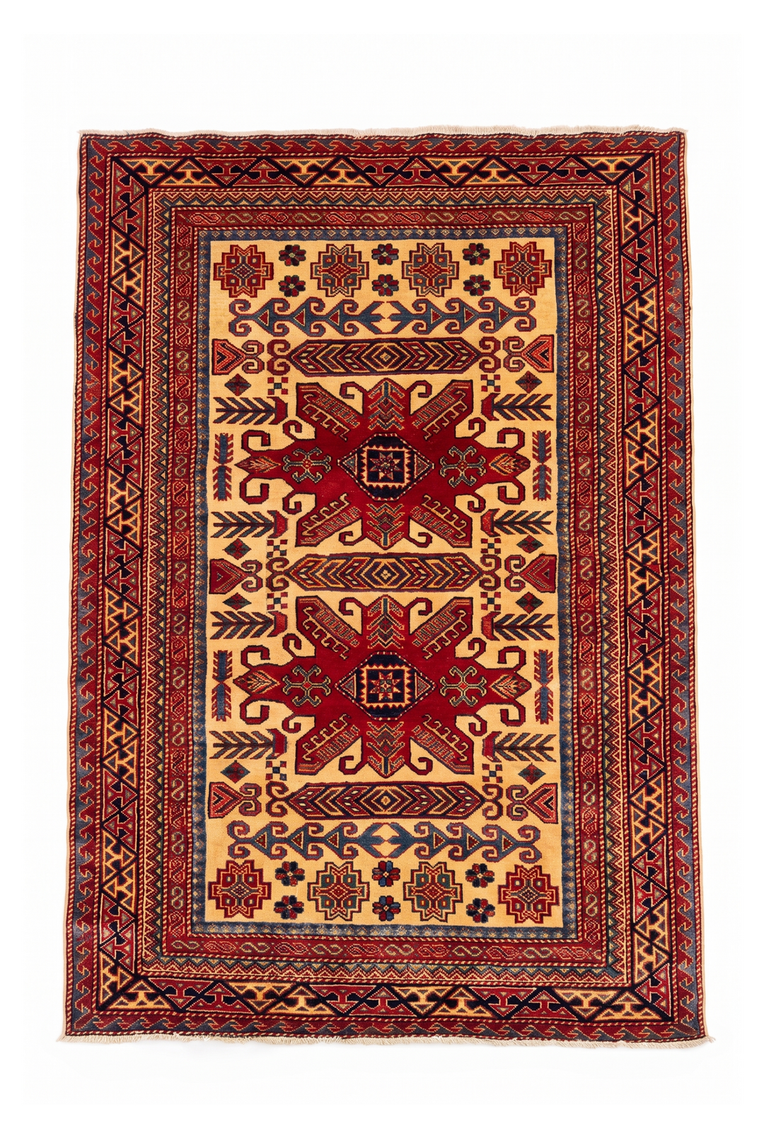 Gold &amp; Red Tribal Star Rug, Hand-Knotted Afghani Sherwan