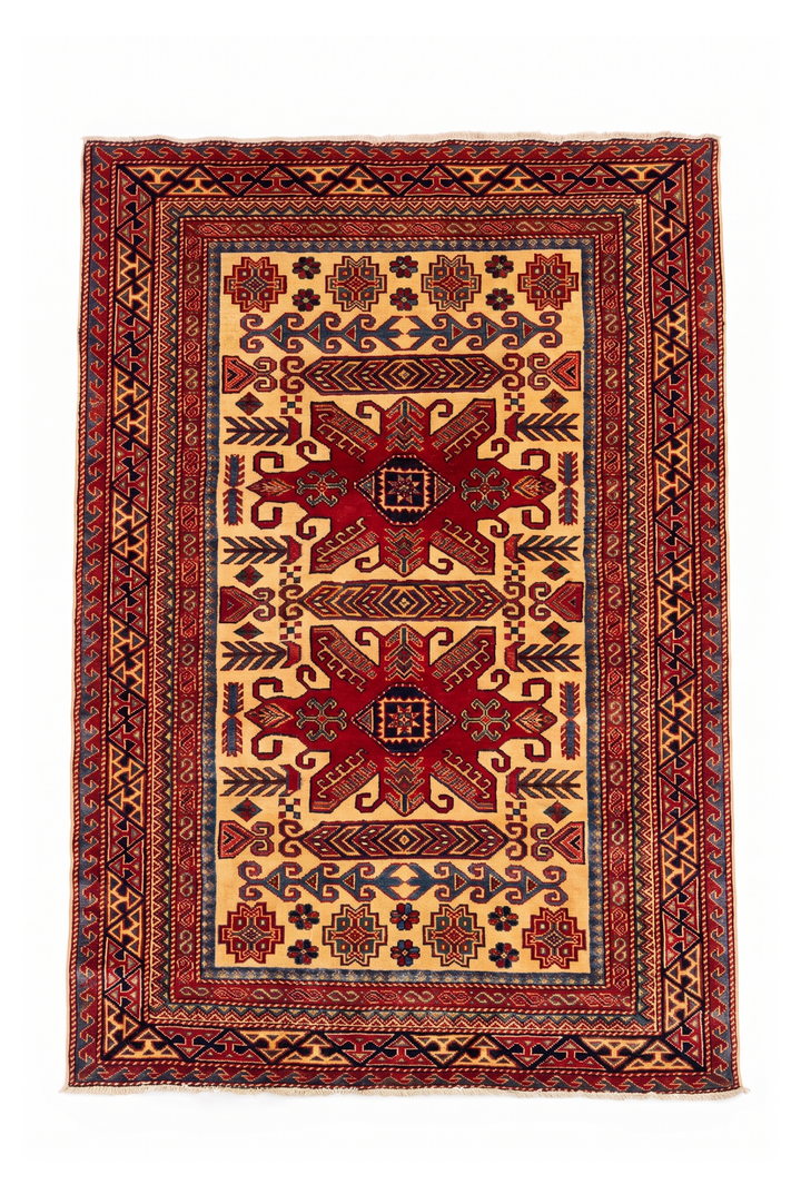 Gold &amp; Red Tribal Star Rug, Hand-Knotted Afghani Sherwan