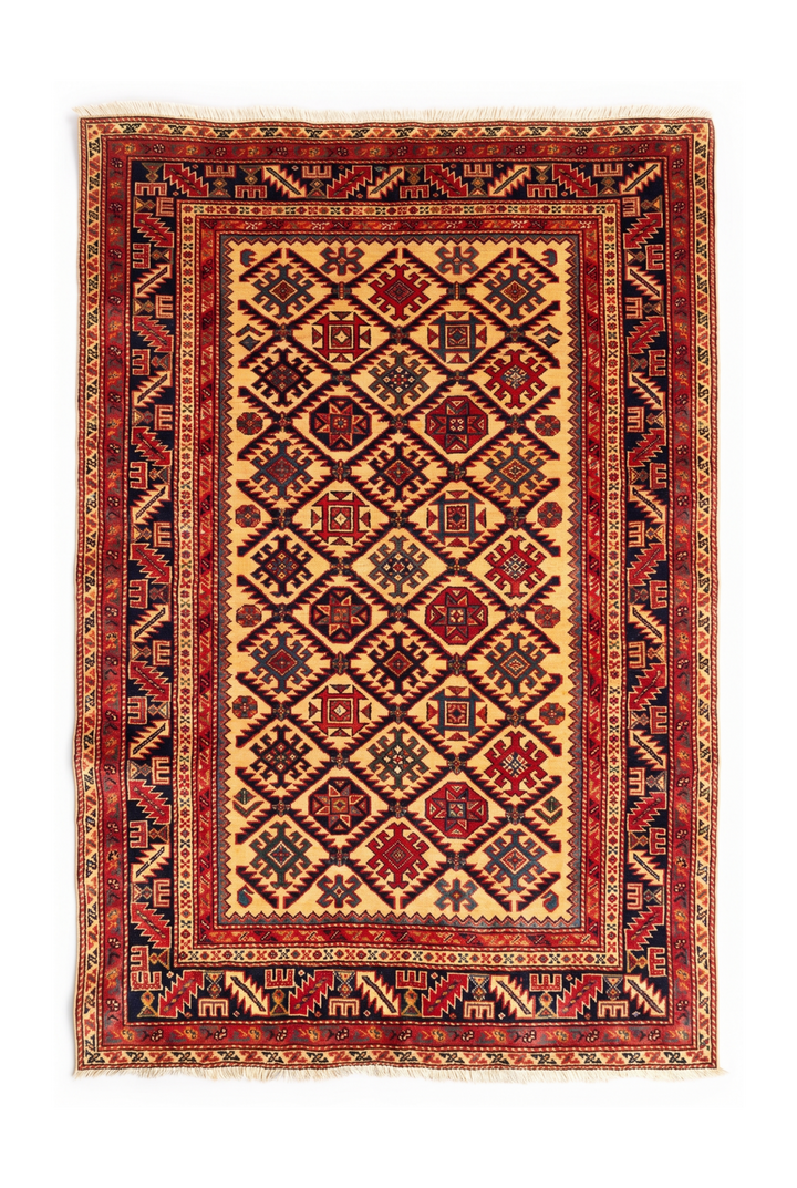 Gold &amp; Red Shirvan Lattice Rug, Hand-Knotted Afghani Sherwan