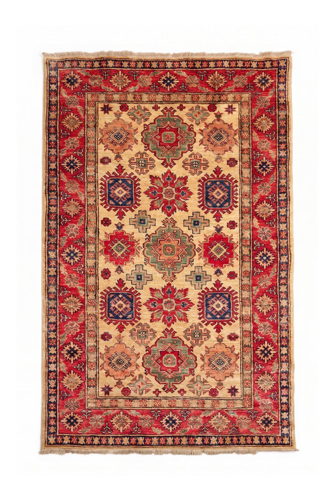 Gold &amp; Red Sunburst Medallion Rug, Hand-Knotted Afghani Sherwan